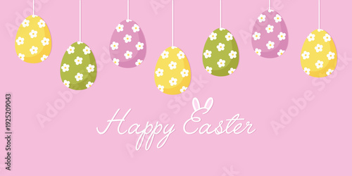 Happy Easter banner with hanging decorated colorful eggs on pink background. Cute flat vector greeting card for spring and holiday decorations.