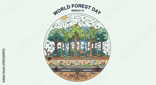World forest day illustration with trees roots sun and wildlife on a green background