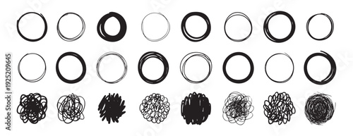 Chaotic circle scribbles in varied density playful pattern exploration for packaging and stationery, layered marks create dynamic motifs, repeatable set for surface design and branding accents