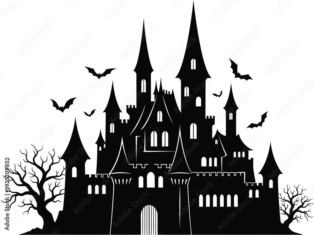 Fototapeta premium Haunted castle silhouette with bats and trees