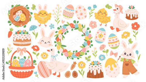 Cute Easter festive elements collection. Easter eggs, cakes, wreath, animals, flowers and seasonal decorations. Spring holiday stickers. Flat vector illustration