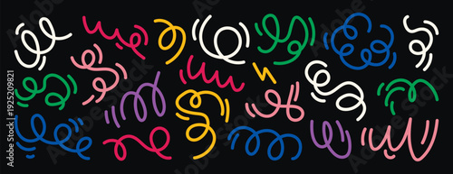 Playful colorful squiggle loops on black, lighthearted arrangement of curls, petals and arcs creating cheerful ornamental texture, suitable for packaging, kids products, digital wallpaper and social