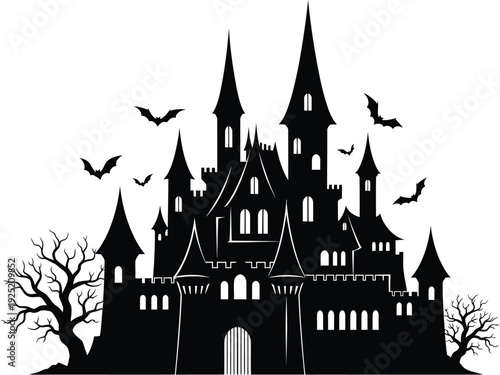 Haunted castle silhouette with bats and trees