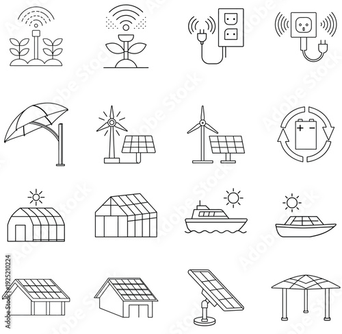 Collection of 16 linear icons representing hybrid renewable energy systems, solar-powered transportation, smart agriculture, and green building technology.