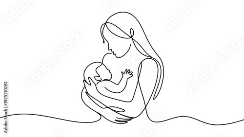 minimalist continuous line mother holding baby illustration, simple black outline maternity and newborn care sketch isolated on white background, modern one line art family love concept