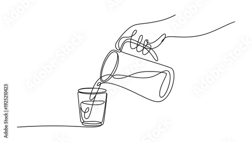  minimalist continuous line hand pouring water from jug into glass illustration, simple black outline hydration concept isolated on white background, modern one line art design