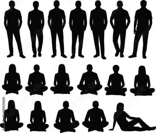 People Silhouettes Collection Standing and Sitting in Lotus Pose Black Vector Icons Set Isolated on White Background for Meditation and Lifestyle Design