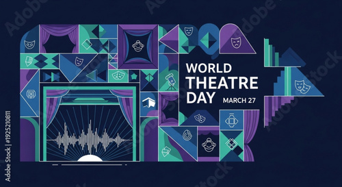 World theatre day march 27 colorful poster with geometric shapes and sound wave