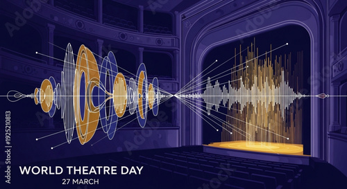 Vibrant sound wave graphic celebrates world theatre day on march 27th in a dark theatre