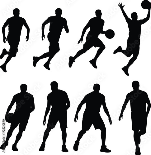 Basketball Player Silhouettes Collection with Dribbling Running and Jump Shot Poses Black Vector Icons Set Isolated on White Background for Sports Design