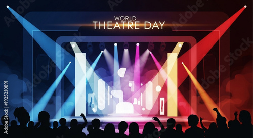 World theatre day colorful stage with spotlights and audience silhouettes performing arts celebration
