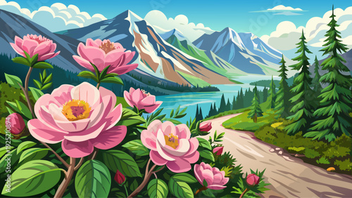 Very beautiful close-up pink wild roses along Glacier National Park trails with pristine lakes and forested peaks beyond.
