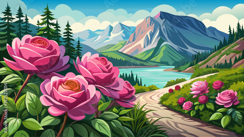 Very beautiful close-up pink wild roses along Glacier National Park trails with pristine lakes and forested peaks beyond.
