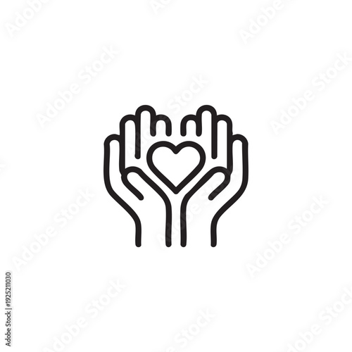 Simple line illustration of hands holding a heart symbolizing care and compassion