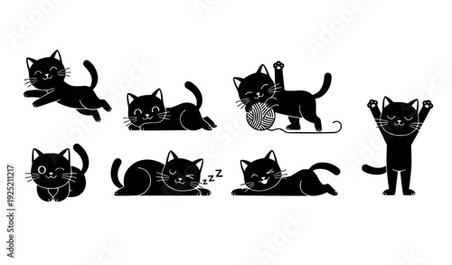 Adorable Black Kitty Cartoon Characters in Action Poses Flat Vector Wall Sticker Collection