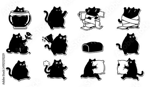 Crazy Fat Black Cat Cartoon Sticker Sheet Vector Collection Isolated on White