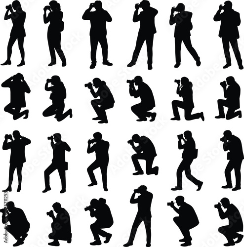 Photographer Silhouettes Collection Professional Camera Operators Shooting in Standing and Kneeling Poses Black Vector Icons Set Isolated on White Background