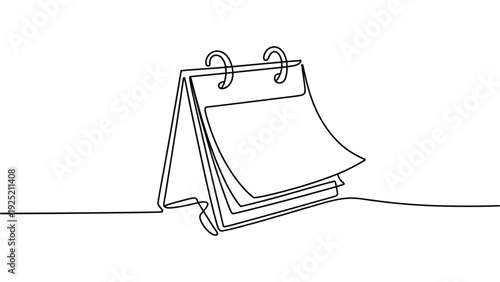  minimalist continuous line desk calendar illustration, simple black outline flip calendar sketch isolated on white background, time management and schedule planning concept design