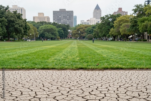 A serene and spacious green lawn surrounded by lush trees, with modern city buildings in the background