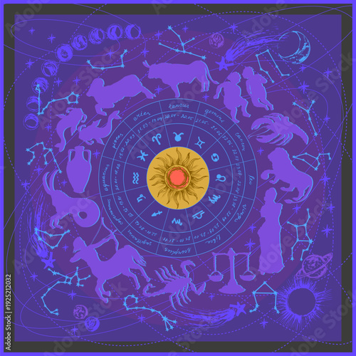 Hand drawn zodiac signs circle with constellations. Horoscope background with astrology symbols, sun, moon, commet, stars, planets.