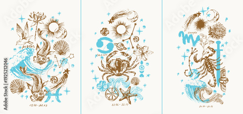 Hand drawn water zodiac signs illustration set. Pisces cancer scorpio. Horoscope background with astrology symbols and talismans. Planets sun moon stars.