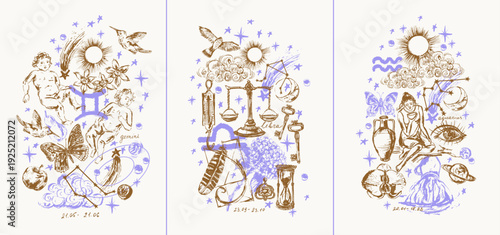 Hand drawn air zodiac signs illustration set. Gemini libra aquarius. Horoscope background with astrology symbols and talismans. Planets sun moon stars.