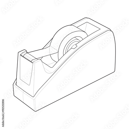 Isometric adhesive tape dispensing apparatus mechanical blueprint drawing.