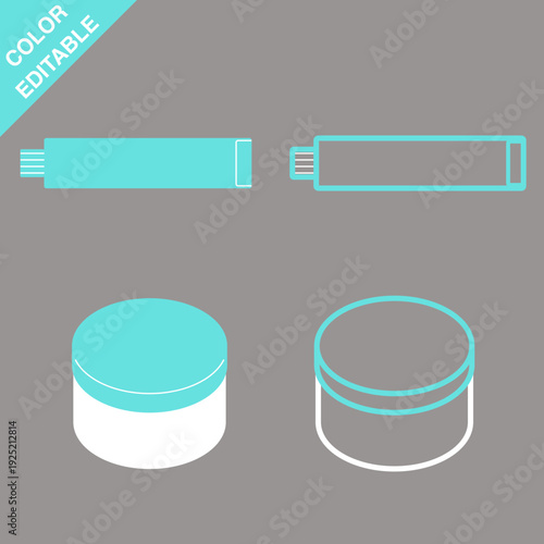 Ointment tube and jar icons set of 4, filled and outline, editable colors, vector