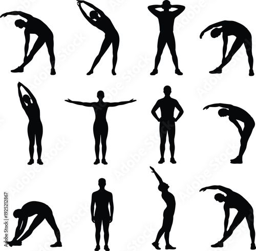Collection of Fitness and Stretching Exercise Silhouettes Showing Man in Warm Up and Flexibility Poses, Black Vector Workout Icons Isolated on White Background