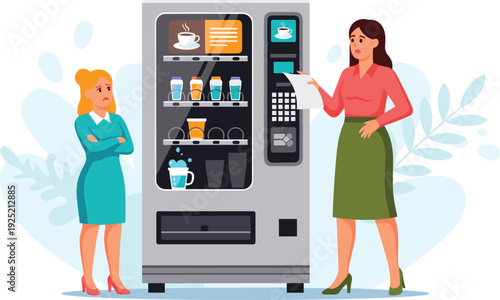 Two frustrated business women standing by broken coffee vending machine with cup spilling in office hallway