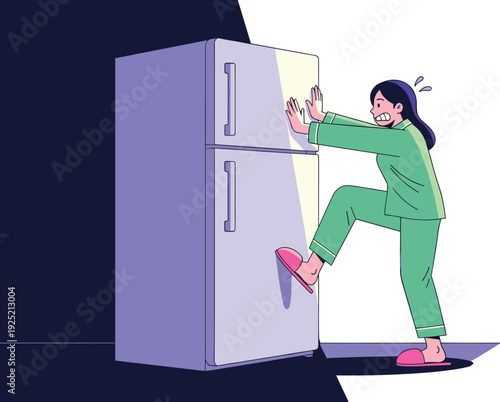 Young Woman in Pajamas Struggling to Push Large Refrigerator, Funny Midnight Kitchen Dilemma Flat Vector Illustration