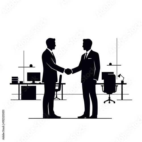 Two businessmen shaking hands in a modern office space