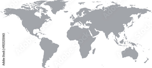 Gray silhouette of a world map showing all continents on a plain white background. Vector