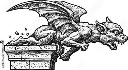 flying gargoyle statue perched on stone ledge with wings spread ready to attack
