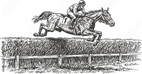 Jockey riding horse jumping over hurdle in steeplechase race detailed black and white illustration