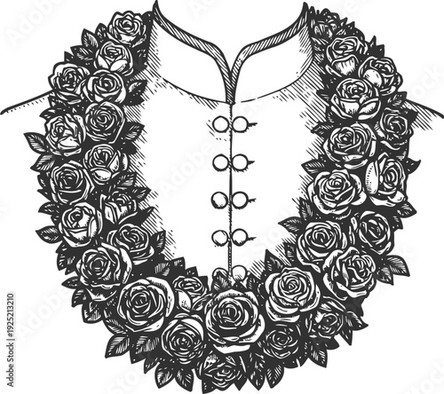 Traditional floral lei garland with rose flowers around collar, vintage hawaiian design