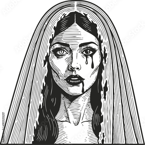 monochrome illustration of a veiled woman with tears and blood, surreal portrait in gothic