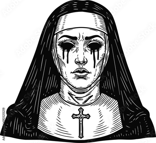 Crying nun with black tears and cross necklace gothic religious woman illustration in monochrome