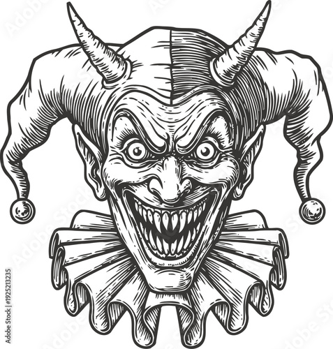 Scary jester clown face with pointed horns and ruffled collar, creepy evil grin illustration