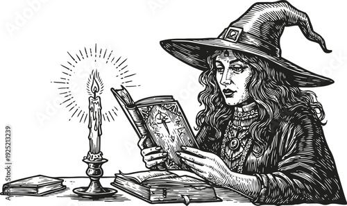 Witch reading magic book by candlelight, vintage black and white mystical illustration