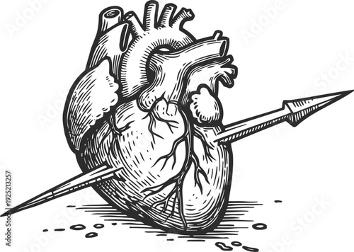 Anatomical human heart pierced by an arrow, vintage medical illustration with detailed veins and arteries