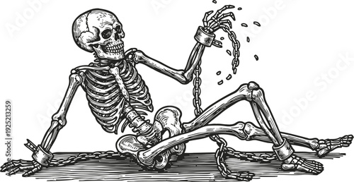 vintage skeleton illustration with chains and shackles lying on the ground in classic engraving