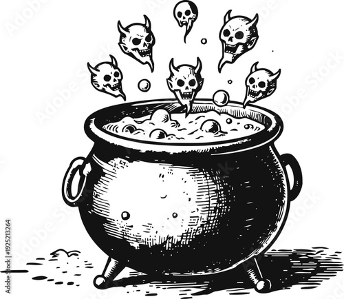 Magic witch cauldron boiling with bubbling potion and skull spirits rising