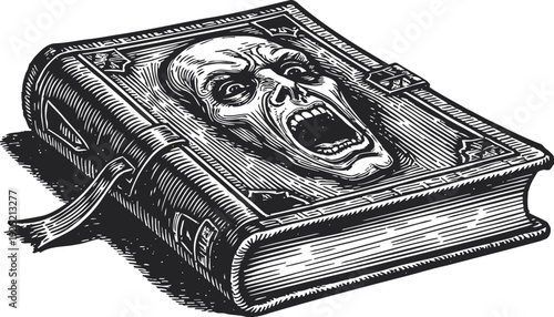 scary horror book with screaming face on cover vintage woodcut style, spooky magic spell grimoire, dark fantasy concept