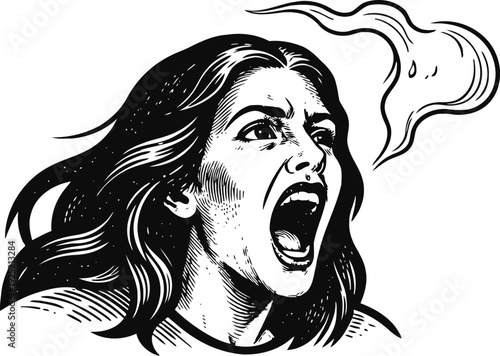 Angry woman screaming, shouting face close up, emotion expression, black and white illustration
