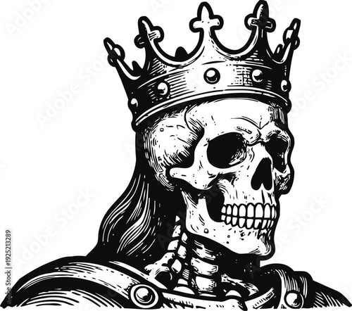 Detailed black and white illustration of a skeletal king wearing a crown and regal robe
