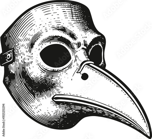 Plague doctor mask with long beak vintage engraving historical medical protection equipment illustration