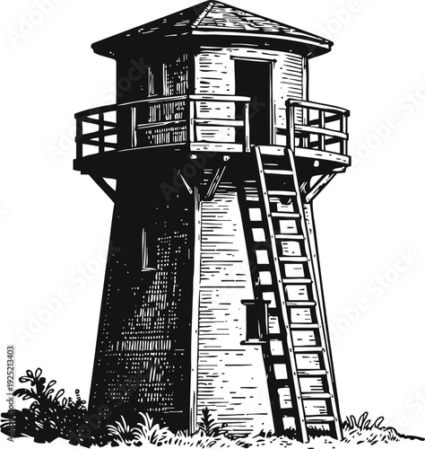 Vintage wooden watchtower with ladder and railing, isolated black and white hand drawn illustration