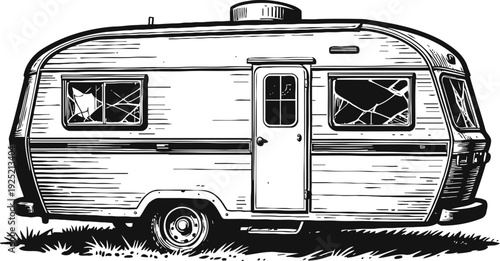 Vintage camper trailer with broken windows standing on grass, side view illustration