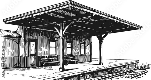 Vintage train station platform with shelter and benches, old railway waiting area illustration